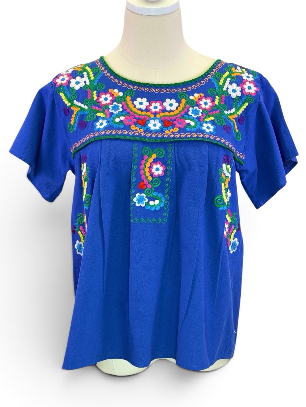 YZXDORWJ Women’s Blue Mexican Peasant Boho Embroidered Floral Top Blouse Size M